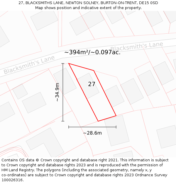 27, BLACKSMITHS LANE, NEWTON SOLNEY, BURTON-ON-TRENT, DE15 0SD: Plot and title map