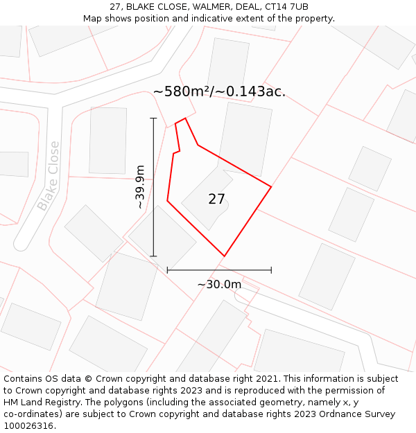 27, BLAKE CLOSE, WALMER, DEAL, CT14 7UB: Plot and title map