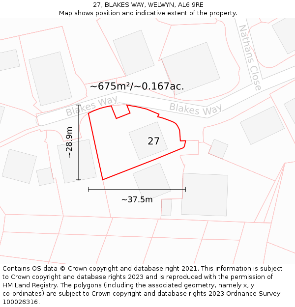 27, BLAKES WAY, WELWYN, AL6 9RE: Plot and title map