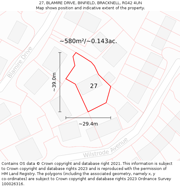 27, BLAMIRE DRIVE, BINFIELD, BRACKNELL, RG42 4UN: Plot and title map