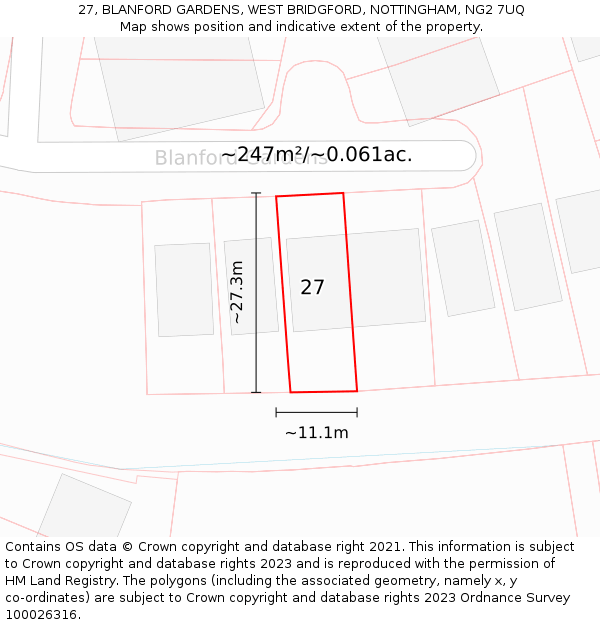 27, BLANFORD GARDENS, WEST BRIDGFORD, NOTTINGHAM, NG2 7UQ: Plot and title map