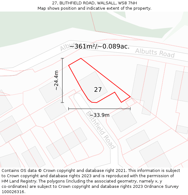 27, BLITHFIELD ROAD, WALSALL, WS8 7NH: Plot and title map