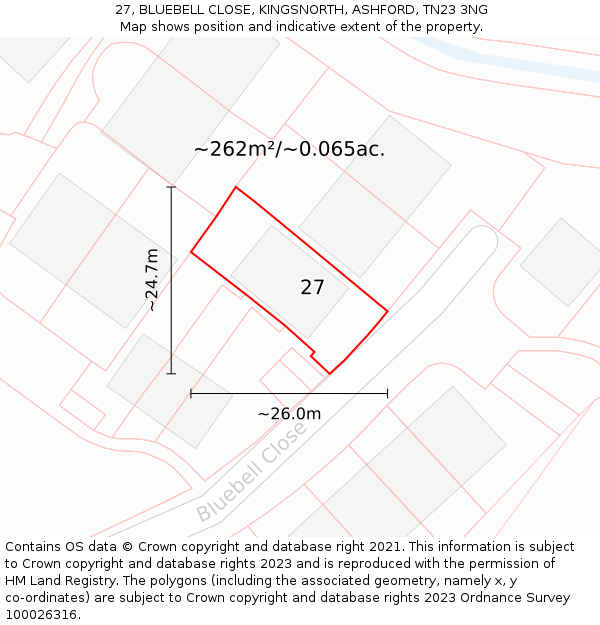 27, BLUEBELL CLOSE, KINGSNORTH, ASHFORD, TN23 3NG: Plot and title map