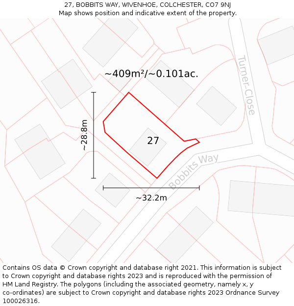 27, BOBBITS WAY, WIVENHOE, COLCHESTER, CO7 9NJ: Plot and title map