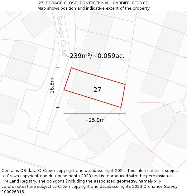 27, BORAGE CLOSE, PONTPRENNAU, CARDIFF, CF23 8SJ: Plot and title map