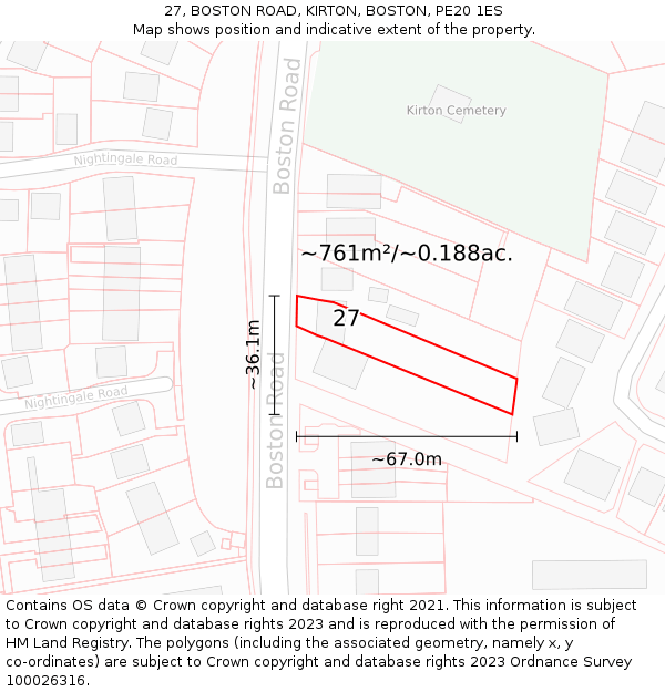 27, BOSTON ROAD, KIRTON, BOSTON, PE20 1ES: Plot and title map