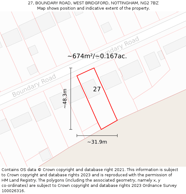 27, BOUNDARY ROAD, WEST BRIDGFORD, NOTTINGHAM, NG2 7BZ: Plot and title map