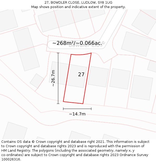 27, BOWDLER CLOSE, LUDLOW, SY8 1UG: Plot and title map