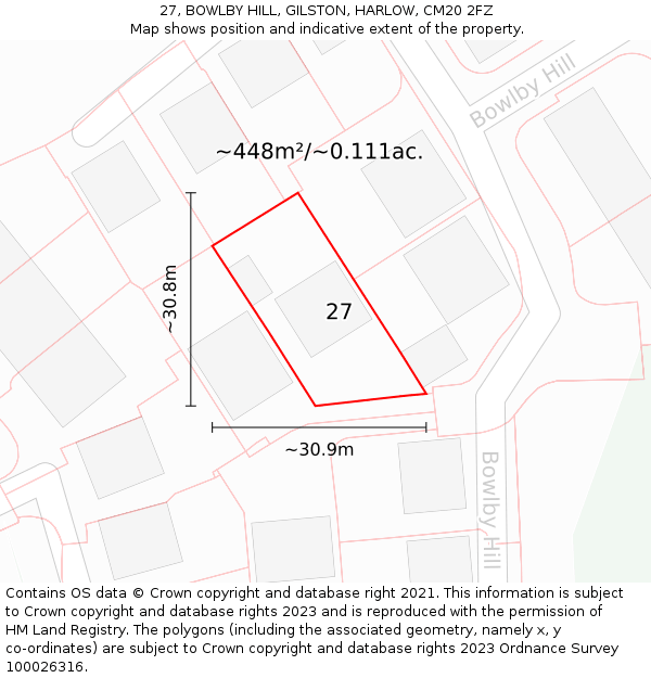 27, BOWLBY HILL, GILSTON, HARLOW, CM20 2FZ: Plot and title map