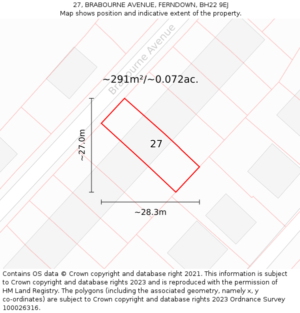 27, BRABOURNE AVENUE, FERNDOWN, BH22 9EJ: Plot and title map