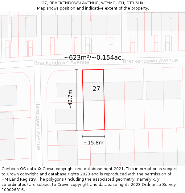 27, BRACKENDOWN AVENUE, WEYMOUTH, DT3 6HX: Plot and title map