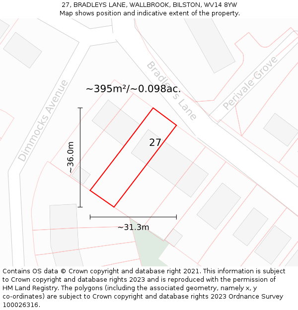 27, BRADLEYS LANE, WALLBROOK, BILSTON, WV14 8YW: Plot and title map