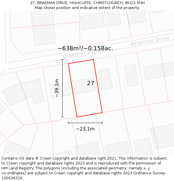 27, BRAEMAR DRIVE, HIGHCLIFFE, CHRISTCHURCH, BH23 5NN: Plot and title map