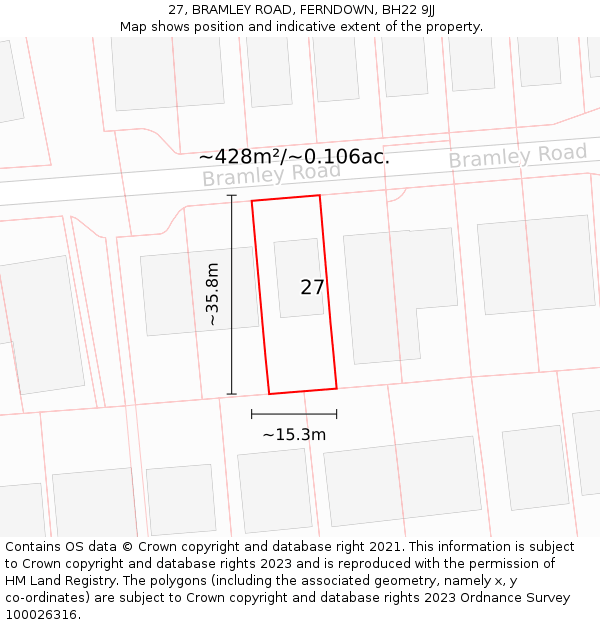 27, BRAMLEY ROAD, FERNDOWN, BH22 9JJ: Plot and title map