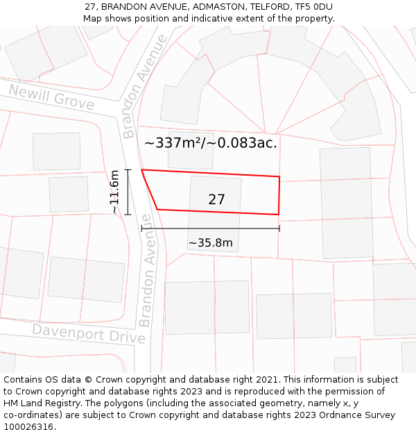 27, BRANDON AVENUE, ADMASTON, TELFORD, TF5 0DU: Plot and title map