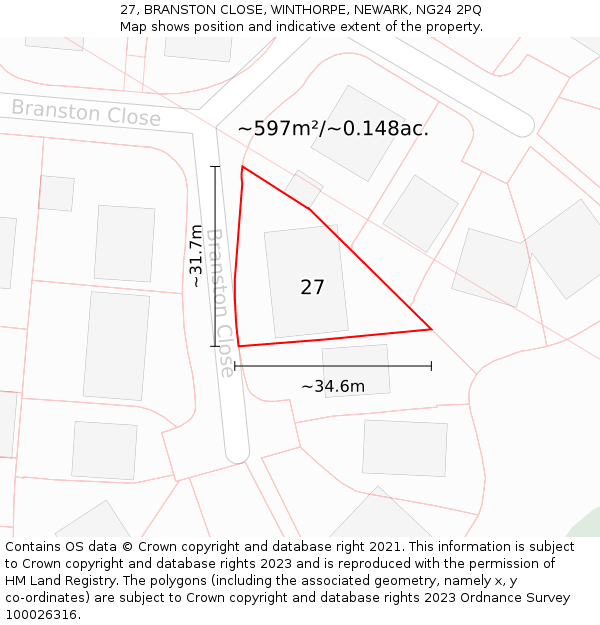 27, BRANSTON CLOSE, WINTHORPE, NEWARK, NG24 2PQ: Plot and title map