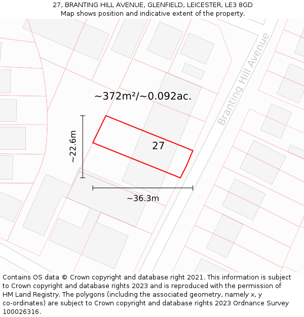 27, BRANTING HILL AVENUE, GLENFIELD, LEICESTER, LE3 8GD: Plot and title map
