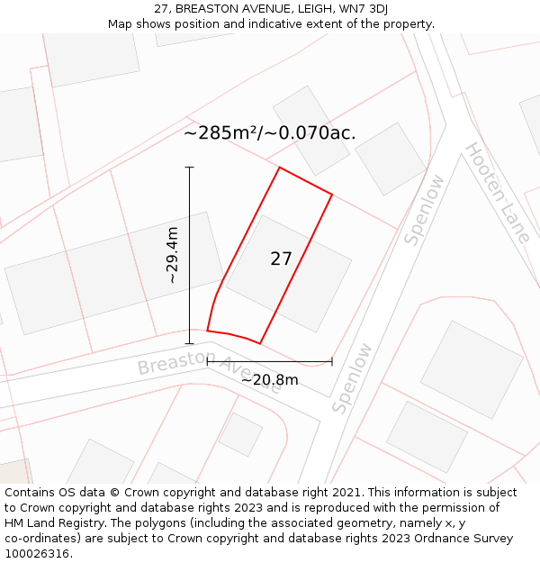 27, BREASTON AVENUE, LEIGH, WN7 3DJ: Plot and title map