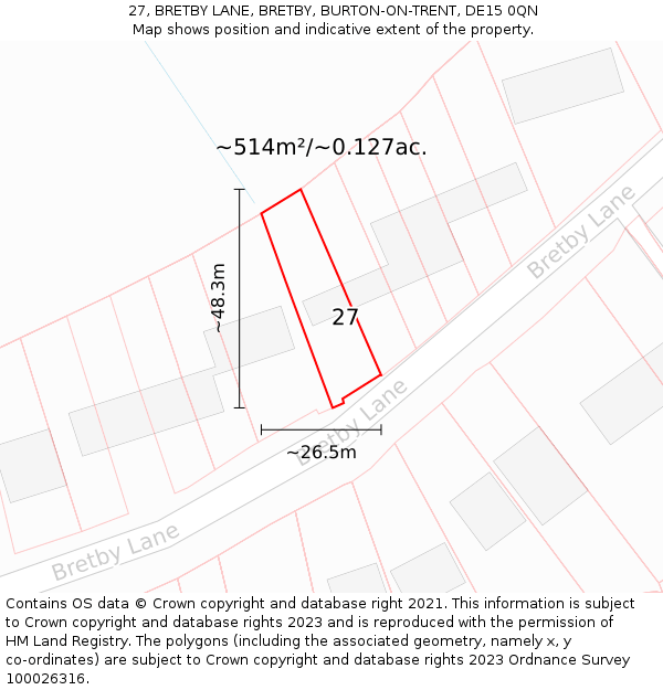 27, BRETBY LANE, BRETBY, BURTON-ON-TRENT, DE15 0QN: Plot and title map