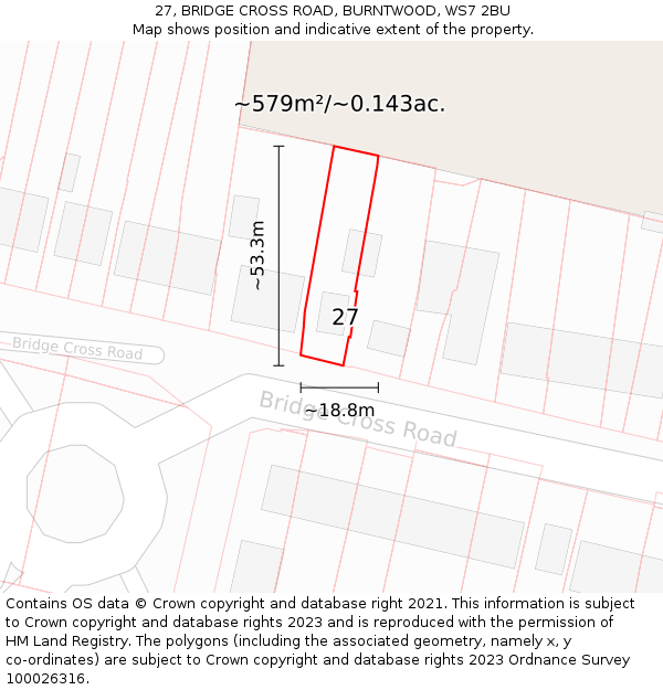 27, BRIDGE CROSS ROAD, BURNTWOOD, WS7 2BU: Plot and title map