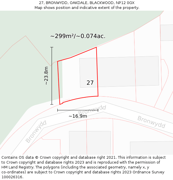 27, BRONWYDD, OAKDALE, BLACKWOOD, NP12 0GX: Plot and title map