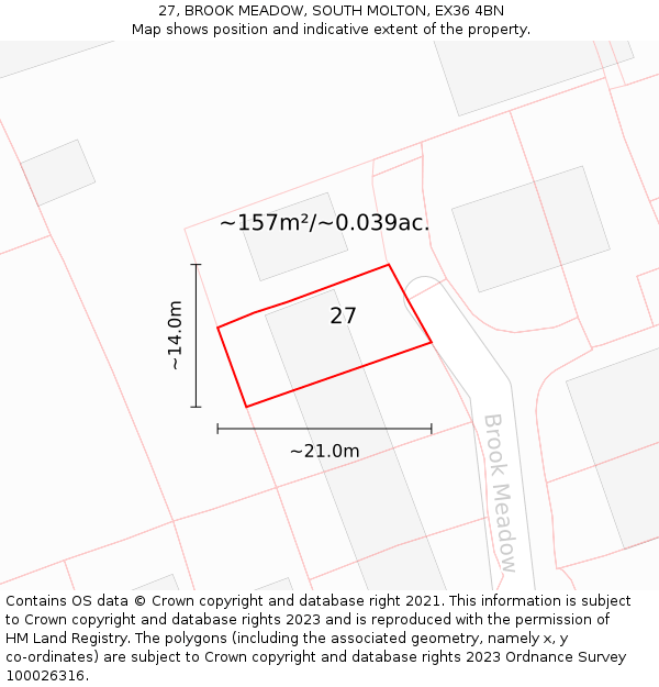 27, BROOK MEADOW, SOUTH MOLTON, EX36 4BN: Plot and title map