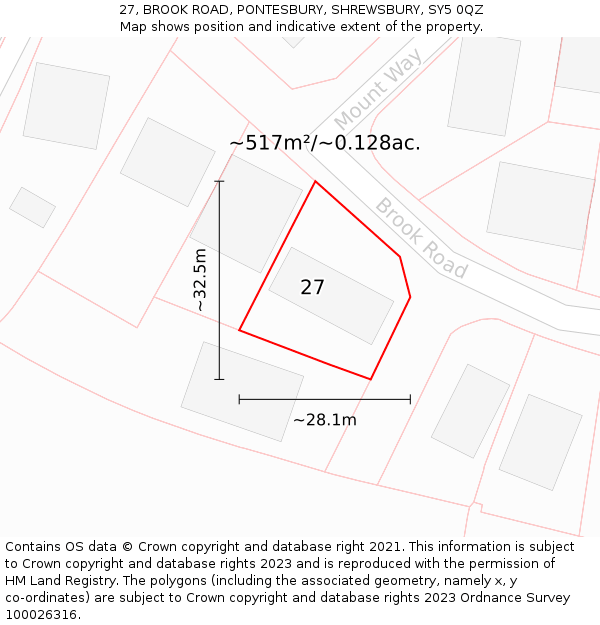 27, BROOK ROAD, PONTESBURY, SHREWSBURY, SY5 0QZ: Plot and title map