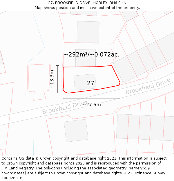 27, BROOKFIELD DRIVE, HORLEY, RH6 9HN: Plot and title map