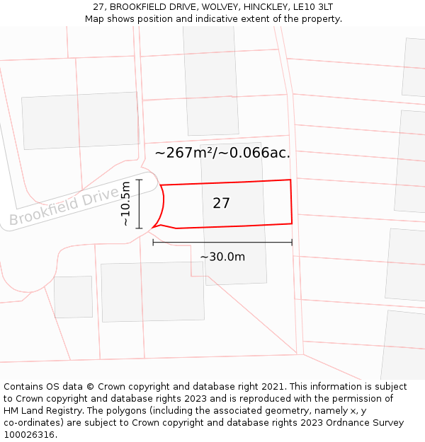 27, BROOKFIELD DRIVE, WOLVEY, HINCKLEY, LE10 3LT: Plot and title map