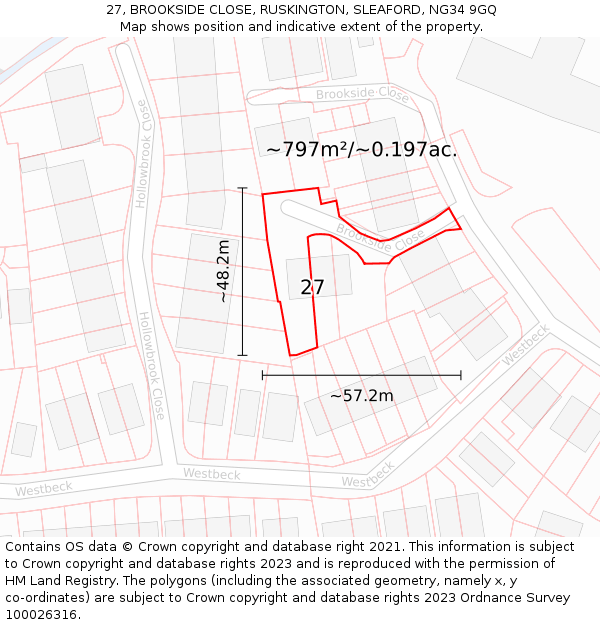 27, BROOKSIDE CLOSE, RUSKINGTON, SLEAFORD, NG34 9GQ: Plot and title map