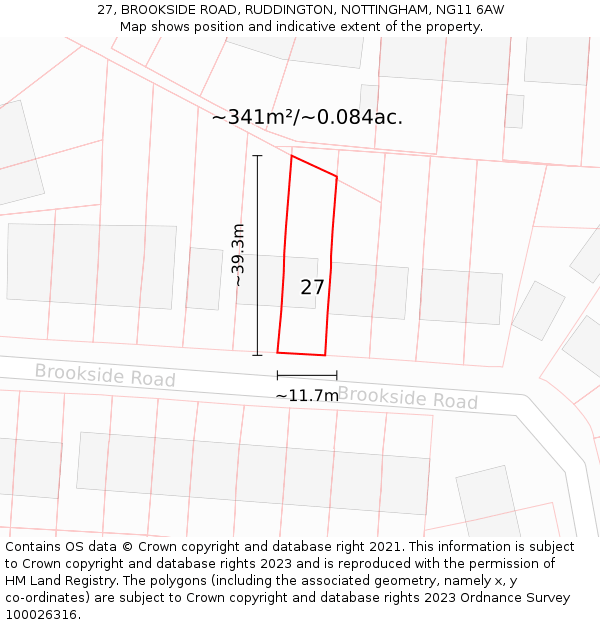27, BROOKSIDE ROAD, RUDDINGTON, NOTTINGHAM, NG11 6AW: Plot and title map