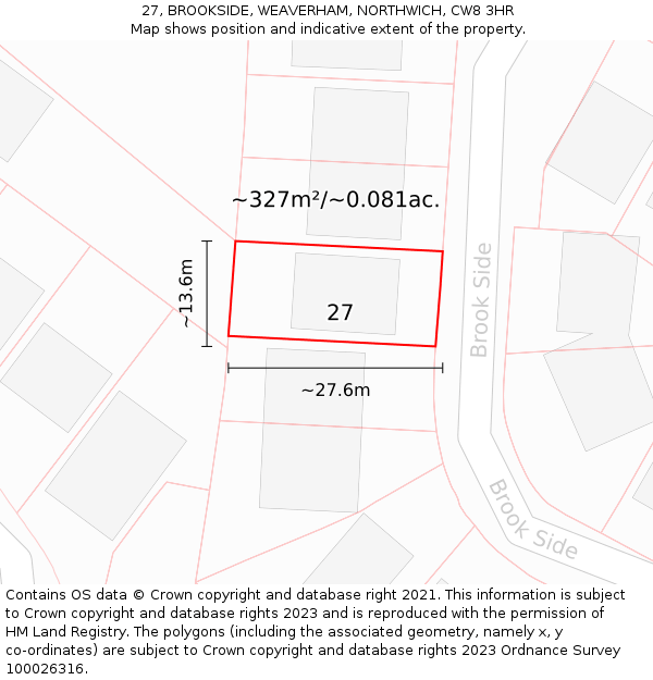 27, BROOKSIDE, WEAVERHAM, NORTHWICH, CW8 3HR: Plot and title map