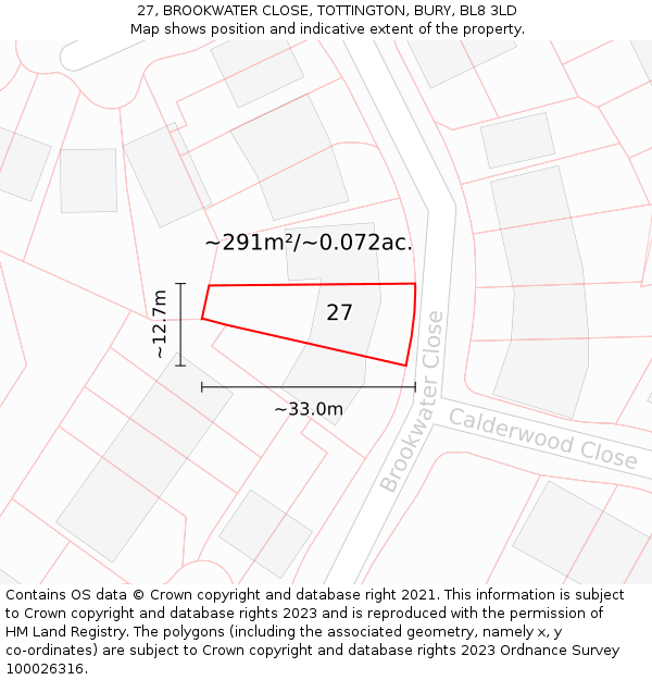 27, BROOKWATER CLOSE, TOTTINGTON, BURY, BL8 3LD: Plot and title map