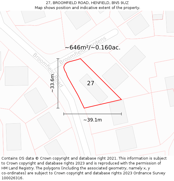 27, BROOMFIELD ROAD, HENFIELD, BN5 9UZ: Plot and title map