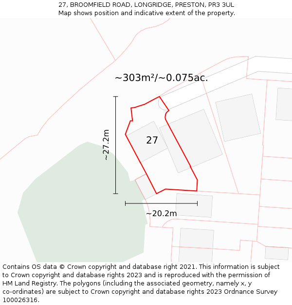 27, BROOMFIELD ROAD, LONGRIDGE, PRESTON, PR3 3UL: Plot and title map