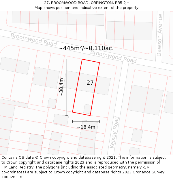 27, BROOMWOOD ROAD, ORPINGTON, BR5 2JH: Plot and title map