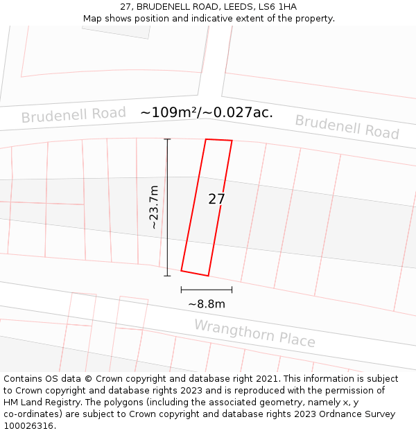 27, BRUDENELL ROAD, LEEDS, LS6 1HA: Plot and title map