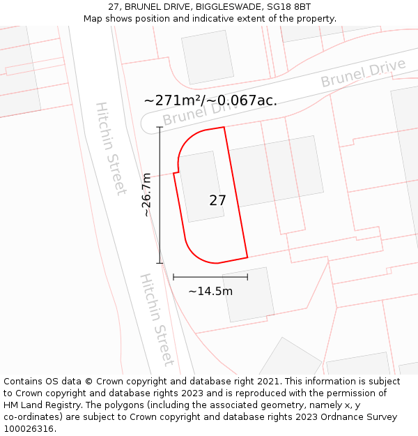 27, BRUNEL DRIVE, BIGGLESWADE, SG18 8BT: Plot and title map