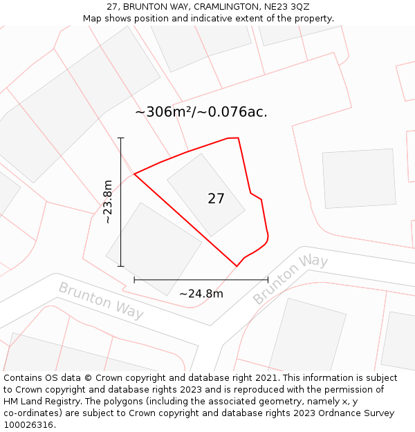 27, BRUNTON WAY, CRAMLINGTON, NE23 3QZ: Plot and title map