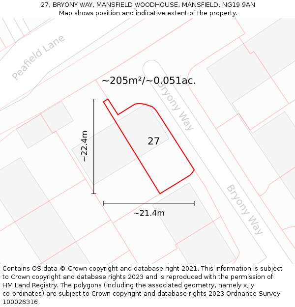 27, BRYONY WAY, MANSFIELD WOODHOUSE, MANSFIELD, NG19 9AN: Plot and title map