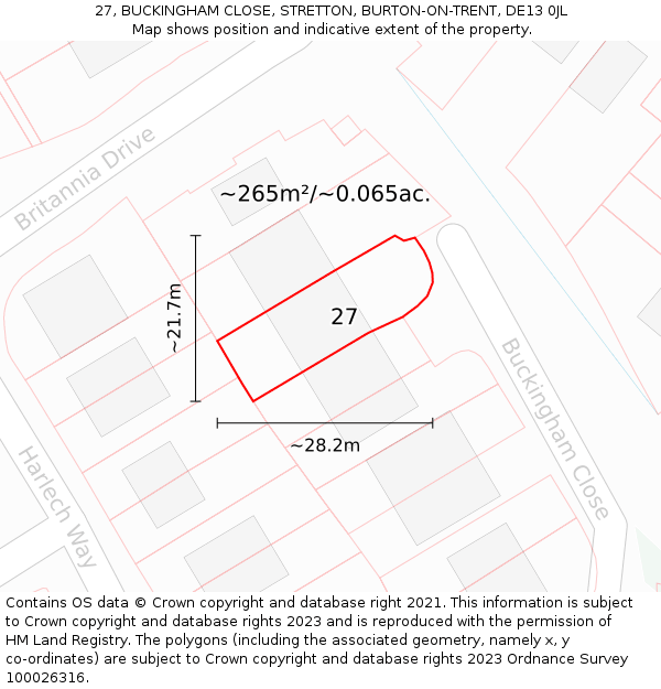 27, BUCKINGHAM CLOSE, STRETTON, BURTON-ON-TRENT, DE13 0JL: Plot and title map