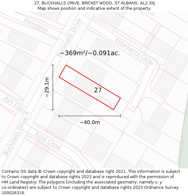 27, BUCKNALLS DRIVE, BRICKET WOOD, ST ALBANS, AL2 3XJ: Plot and title map