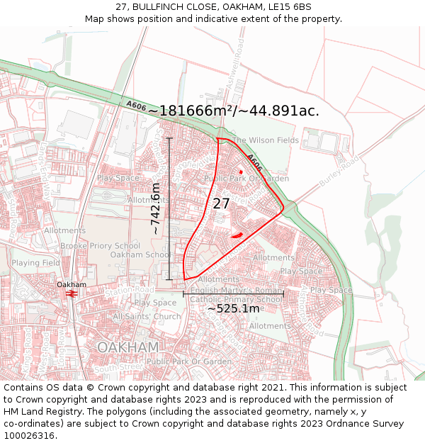 27, BULLFINCH CLOSE, OAKHAM, LE15 6BS: Plot and title map