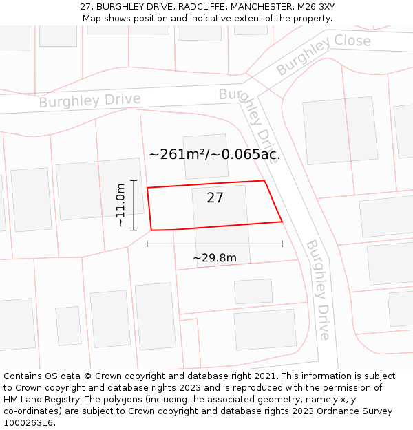 27, BURGHLEY DRIVE, RADCLIFFE, MANCHESTER, M26 3XY: Plot and title map