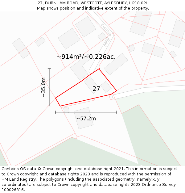 27, BURNHAM ROAD, WESTCOTT, AYLESBURY, HP18 0PL: Plot and title map