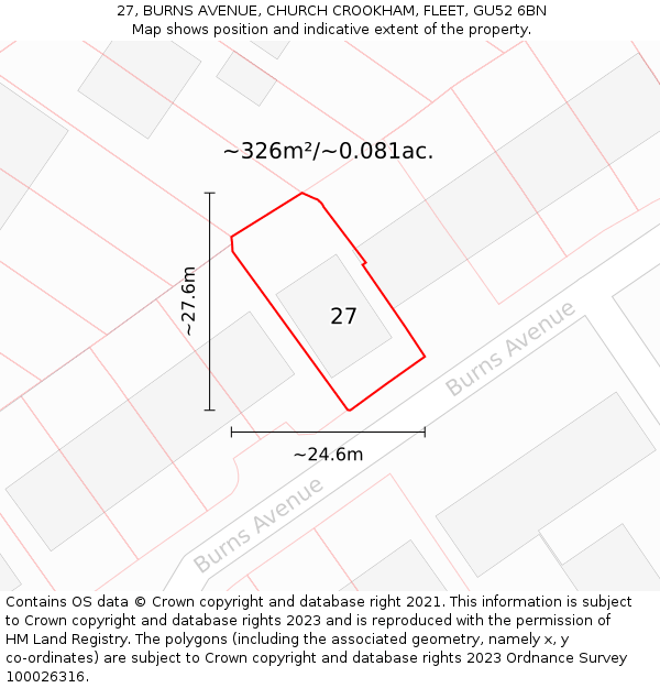 27, BURNS AVENUE, CHURCH CROOKHAM, FLEET, GU52 6BN: Plot and title map