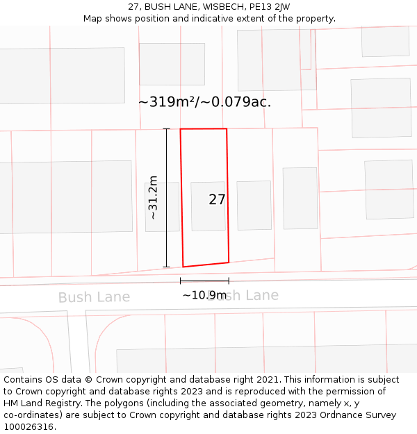 27, BUSH LANE, WISBECH, PE13 2JW: Plot and title map