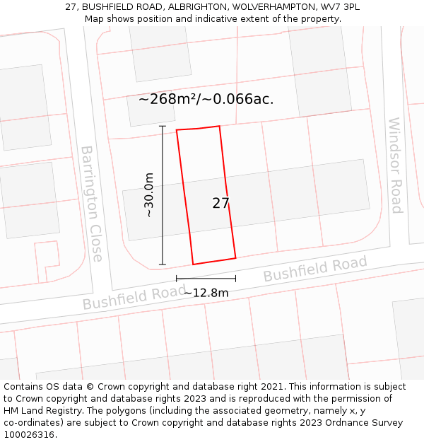 27, BUSHFIELD ROAD, ALBRIGHTON, WOLVERHAMPTON, WV7 3PL: Plot and title map