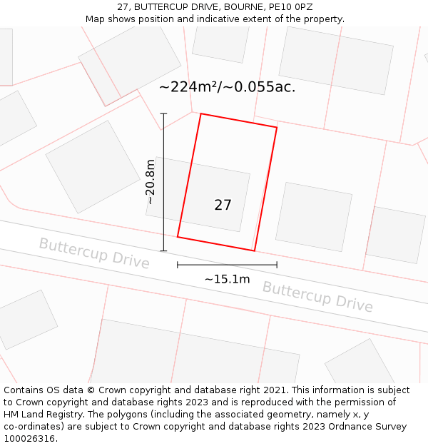 27, BUTTERCUP DRIVE, BOURNE, PE10 0PZ: Plot and title map