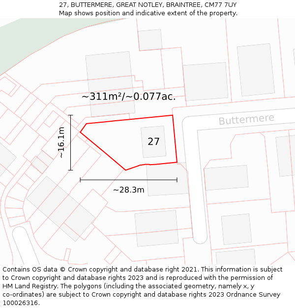 27, BUTTERMERE, GREAT NOTLEY, BRAINTREE, CM77 7UY: Plot and title map